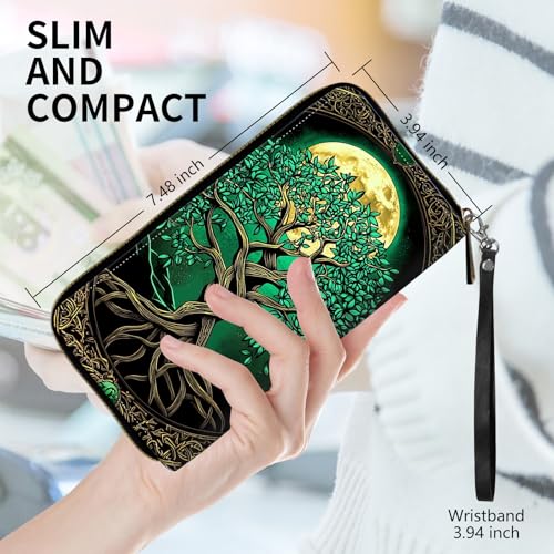 Womens Wallet, PU Leather RFID Cute Wristlet Wallets for Girls Women Ladies Purse Large Credit Card Clutch Purse Card Holder Coin Pocket Travel Wallets with Zipper, Tree Moon2