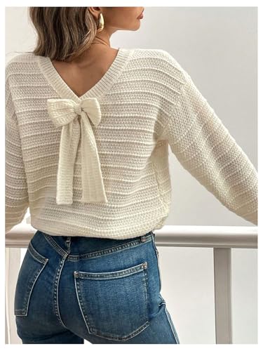 Image of MakeMeChic Women's Bow Sweater Drop Shoulder Crew V Neck Fall Sweaters Pullover Tops