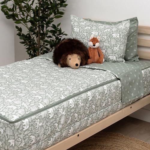 Image of Beddy's Fantasy Woodland Durable Zipper Bedding for Kids - Bed in a Bag - Sage Green Sheets with Woods, Nature, Animals Comforter - Includes 2 Pillowcases & 2 Shams - Queen
