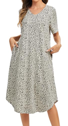 Image of Kabento Nightgowns for Women Cotton Short Sleeve Long Night Gowns with Pockets