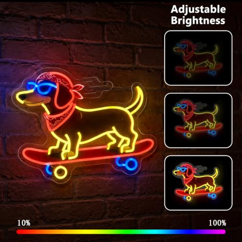 Image of Skateboard Dog Neon Signs, Dachshund Skateboarding Neon Sign Cool LED Wall Art Decor | Dimmable Dog Lover Gift | Idea for Living Room, Bar, Shop, or Birthday Party