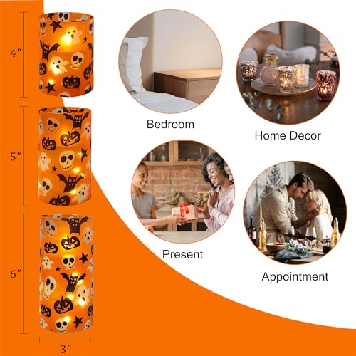 Image of Halloween Flameless Candles with String Lights - Set of 3 Ghost Battery Operated Candle Flickering Floral LED Pillar Candles with Timer Remote for Home Decor Romantic Ambiance