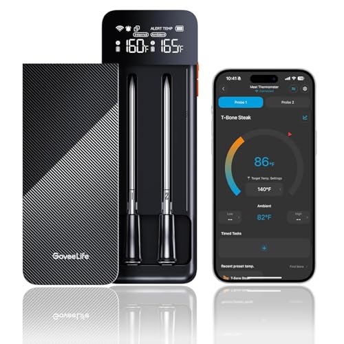 GoveeLife Bluetooth Wireless Meat Thermometer with 2 Probes, Standalone Digital Base, WiFi Unlimited Range, ±1.8℉ Accuracy, IP68 Waterproof Real Time Monitoring, for Kitchen, BBQ, Grill, Oven, Smoker