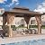 YOLENY 10' x 12' Gazebo Hardtop with Aluminum Frame,Galvanized Steel Double Roof Gazebos with Curtain and Netting,Outdoor Metal Pergolas for Garden, Lawn, Deck, Brown
