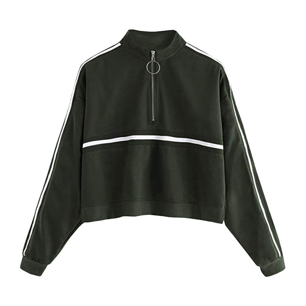 Turtleneck Sweater Long Sleeve Zipper Striped Print Turtleneck Sweater Top Casual Womens Sweatshirt Jumper Pullover Strapless Blouse （Green，S）