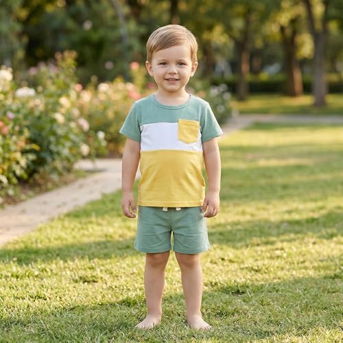 Image of Toddler Boy Clothes Baby Summer Outfit Patchwork Tee Shorts 12M-4T | Soft Patchwork Tee, Pocket Shorts With Stretch Waistband, Breathable For Summer Play, Machine Washable