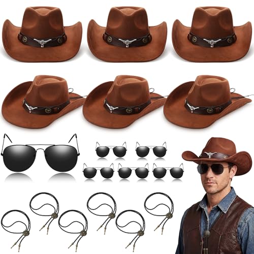 Image of Mepase 18 Pcs Cowboy Hat with Bolo Tie Sunglasses Rodeo Western Costume Accessories for Men Women Cosplay Halloween Party