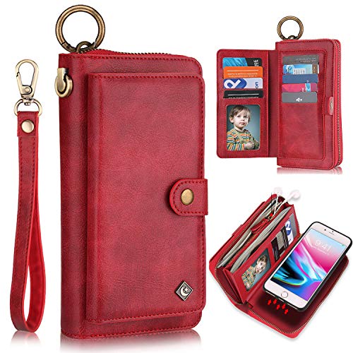 Tech Deals 🔥 iPhone 7 Case, iPhone 8 Case, iPhone SE 2020 Wallet Case, XRPow [2 in 1] [Magnetic Detachable] Zipper Wallet Folio Case [Wrist Strap] Slim Shock Back Cover with Credit Card Purse (4.7Inch) - Red
