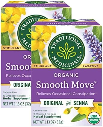 Traditional Medicinals Organic Smooth Move with Senna Herbal Tea, Relieves Occasional Constipation, (Pack of 2) - 32 Tea Bags Total