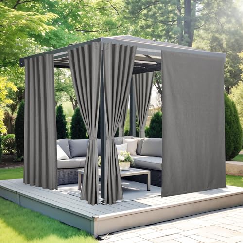 NICETOWN 100% Blackout Outdoor Curtains for Patio 2 Panels, Faux Linen Waterproof & Windproof Gazebo Curtains with Sticky-Back Top & Back Tab Bottom,