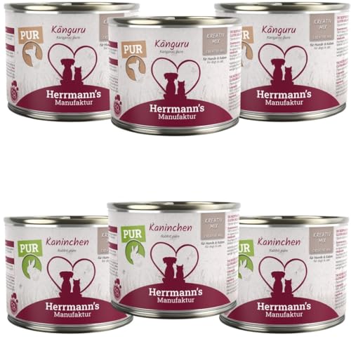 Hermanns - Comida Húmeda Variedad Canguro o Conejo para Perros y Gatos – 100% Carne - 6 Unidades - Latas de 200g -Todas Las Etapas de la Vida - ANIMALUJOS (6 Unidades, Mix 3 Conejo + 3 Canguro)