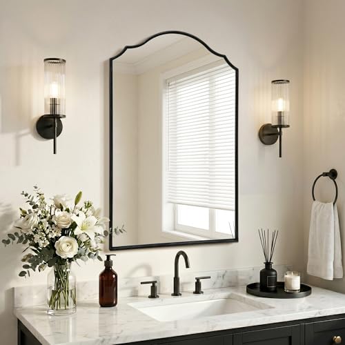 Besdomus Scalloped Black Mirror for Bathroom: 24"x36" Minimalist Modern Arched