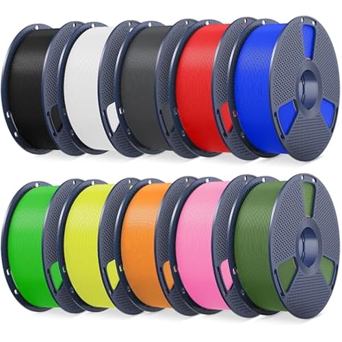 SUNLU 3D Printer Filament Bundle, PLA Plus2.0 Filament 10KG 1.75mm, Neatly Wound Filament for Most 3D Printer, 10 Colors, 1kg Spool, Black+White+Grey+Red+Blue+Green+Yellow+Orange+Pink+Olive Green