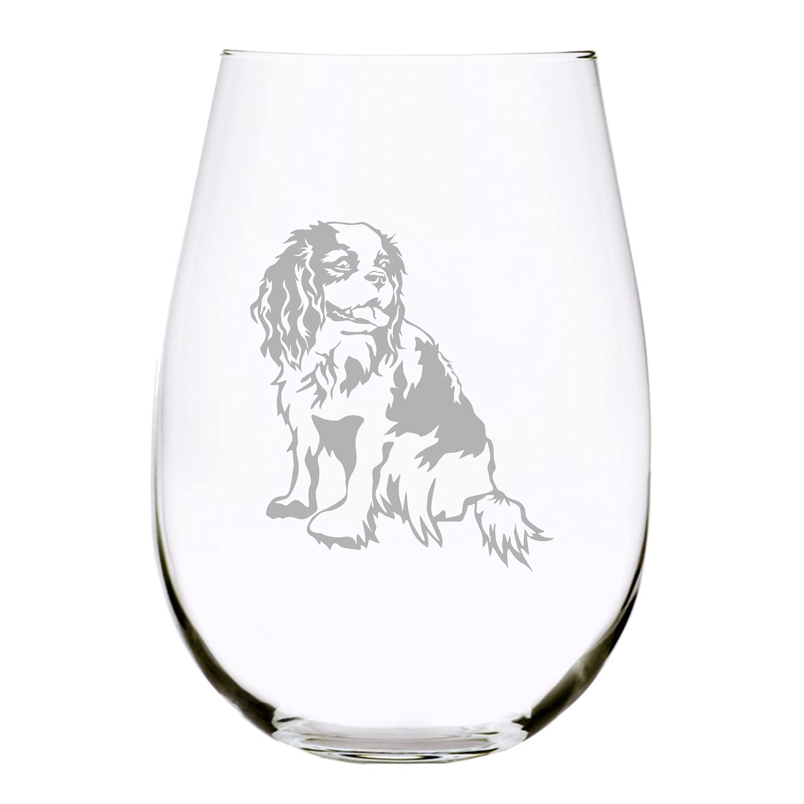 Cavalier King Charles Spaniel Dog Themed Stemless Wine Glass, 17 oz. for Men and Women - Dog Lover Gift (Style C1)