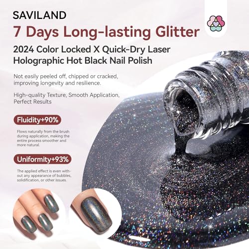 Image of SAVILAND Holographic Black Nail Polish: Metallic Chrome Nail Polish Air Dry Fast,10 ml /0.34 oz Winter Dark Black Glitter Nail Pigment Oil-based Shimmer Fingernail Polish for Salon DIY Home for Women