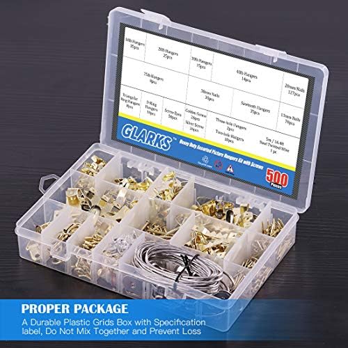 Glarks 500Pcs Picture Hanging Kit, Heavy Duty Picture Hanger Frame Hook Hardware with Nails, Hooks, Hanging Wire, Screw Eyes, D Ring and Sawtooth Hanger for Frame Hanging Wall Mounting