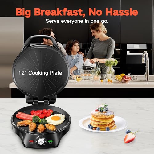 12-Inch Pizza Maker & Electric Griddle Nonstick - CACHOO Countertop Pizza Oven with 30-Min Timer & Auto Shut-Off, 180° Open Indoor Grill for Burgers, Crepes, Quesadillas, Pancakes, Omelets