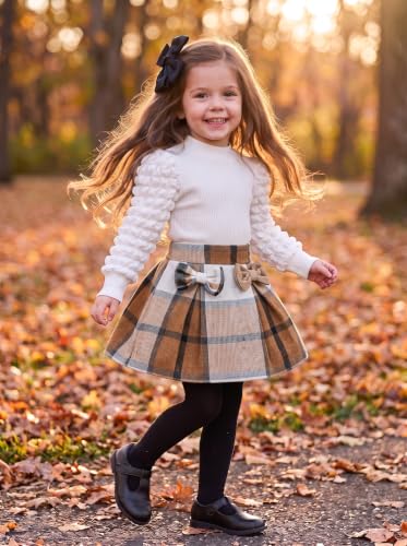 Image of Noubeau Toddler Girls Plaid Outfits Girls Puff Sleeve Knit Ribbed Shirt Tops Plaid Skirt Set Kids Fall Winter Clothes