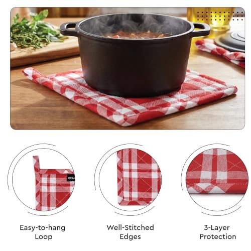 Image of Encasa XO Heat Resistant 100% Cotton Oven Glove & Potholder Set with Loop, Kitchen Cooking Mittens, Microwave Safe Hot Pads (Franca Red Checks)