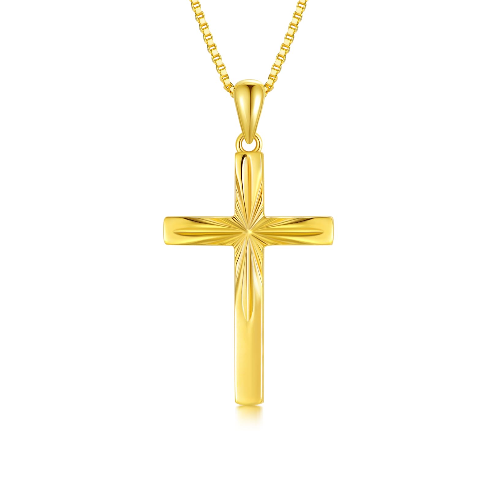 SISGEM14K Solid Gold Cross Necklace With Durable Box Chain, Sparkling Gold Italian Diamond-cut Crucifix Cross Pendant Religious Confirmation Jewelry for Women 18" Gold Box Chain
