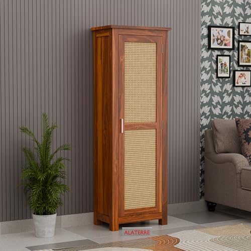 Image of Solid Sheesham Wood Wardrobe with Cane Panel Door | Single Door Wooden Storage Cabinet | Modern Tall Cupboard for Bedroom & Living Room (Honey Finish)