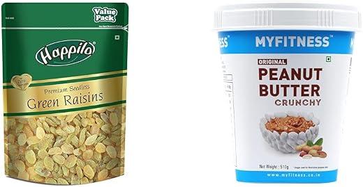 Happilo Premium Seedless Green Raisins 500g Value Pack &amp; MYFITNESS Original Peanut Butter Crunchy 510g | 25g Protein to Bo...