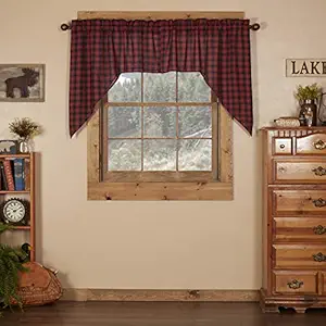 VHC Brands Rustic & Lodge Kitchen Window Curtains-Cumberland Red Swag Pair, Black