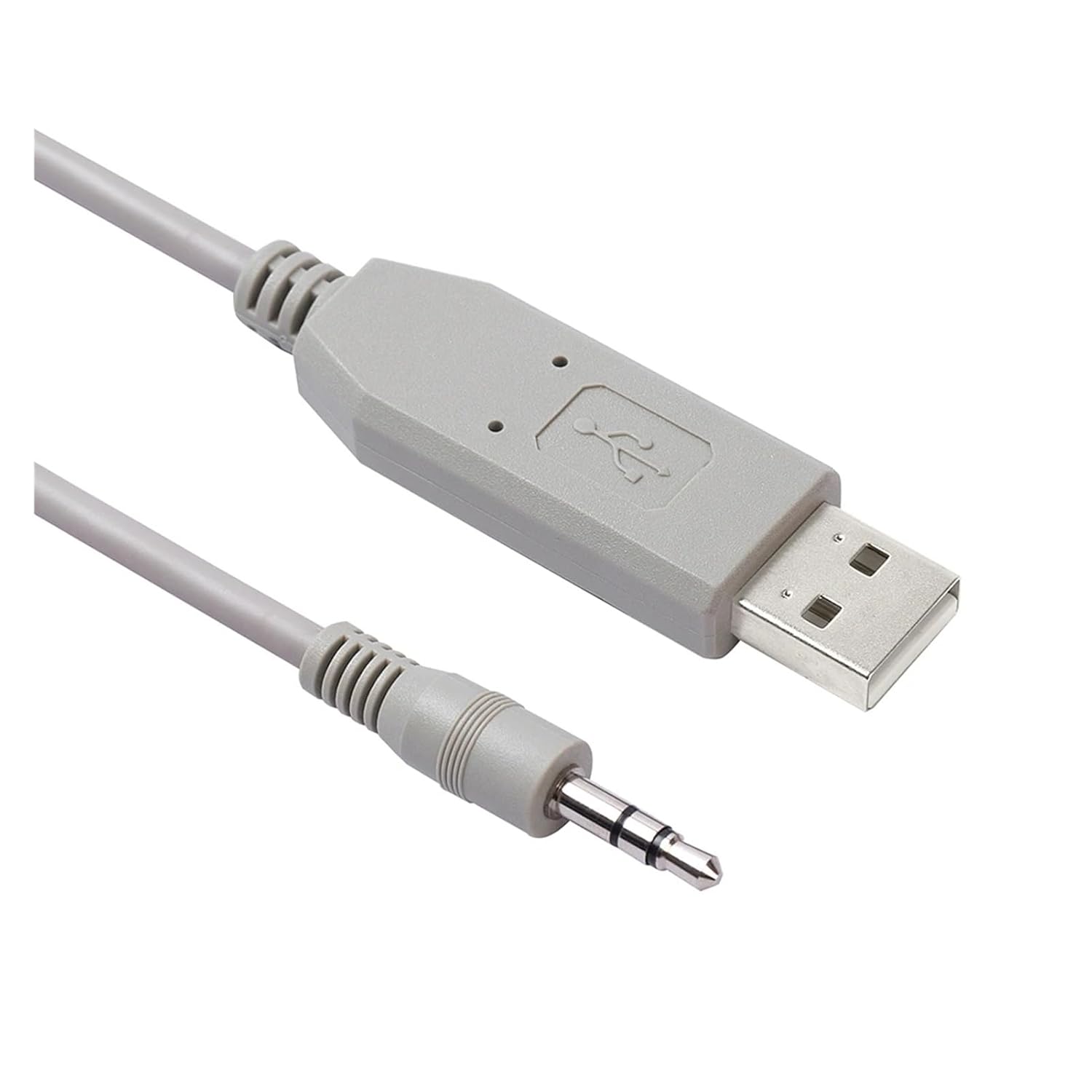 Close-up of USB and 3.5mm connectors of the gray cable