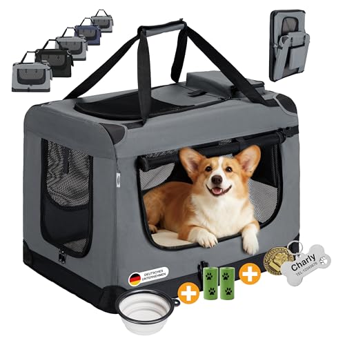 Zedelmaier Hundebox Faltbar Hundetransportbox, M 60x44x42cm, robust Transportbox für Hund & Katze Groß Hundetasche Auto Haustiertransportbox für Unterwegs & Zuhause Dunkelgrau