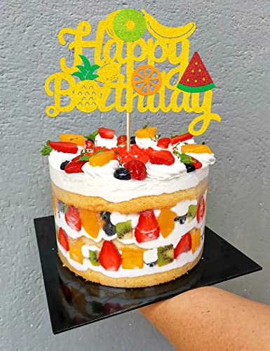 Fruit Cake Topper Glitter Gold Fruit Cake Decorations For Girls Boys Watermelon Pineapple Orange Lemon Banana Kiwi Summer Fruit Happy Birthday Decorations Party Supplies For Baby Shower Kids #TOP6