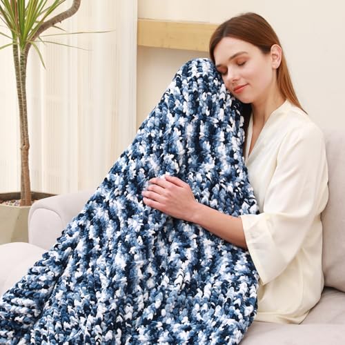 Image of #6 Super Bulky Blanket Yarn for Crocheting - 4 Skeins(Each 10.5oz /300g, 220yds /201m), Chunky Chenille Thick Plush Big Soft Yarn for Crocheting Knitting Blankets, Khaki & Blue & White