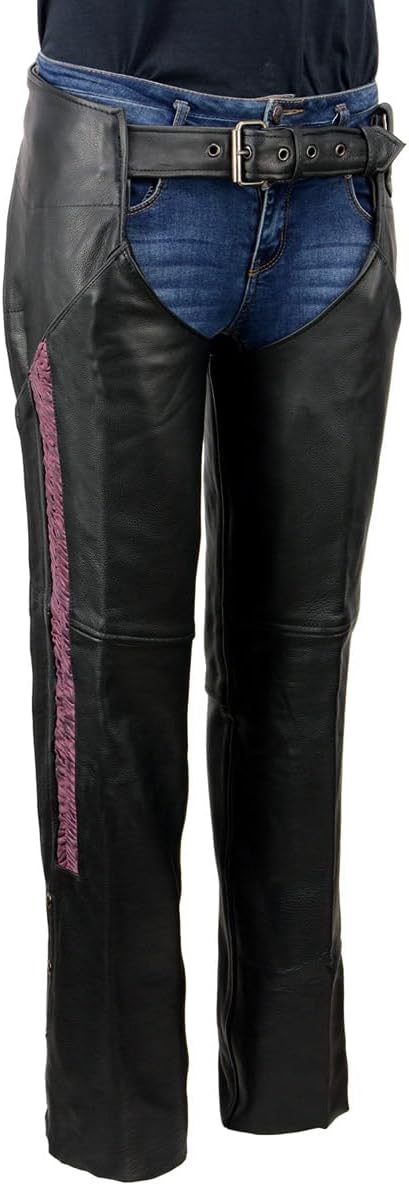 Milwaukee Leather Women’s Black Leather Hip Set Motorcycle Chaps w/Crinkled Leg Striping MLL6500