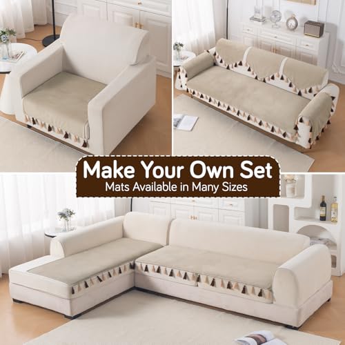 Image of HOKIPO Sofa Cover Mat with Tassel for 1 /2 /3 Seater & L Shape Sofa | DIY Sofa Cover Set | Dyed Holland Velvet | 'TasselTone Series' 70(W) x 220(L) cm |Sand Beige (IN-1110-BGE)