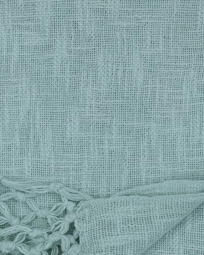 Image of HAKAM Cotton Throw Blanket with Macrame Tassels for 3 Seater Sofa | Ideal for Your Home, Living Room, Sofa, Bed, Chair, Picnic & Used for Gift - 50X70 inch (Light Blue, Single)