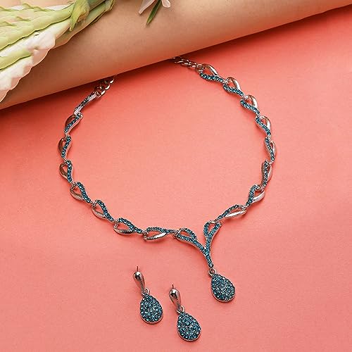 Image of ZENEME Oxidised Silver-Plated Cubic Zirconia Studded Teardrop Shaped Necklace With Earrings Jewellery Set For Girls and Women