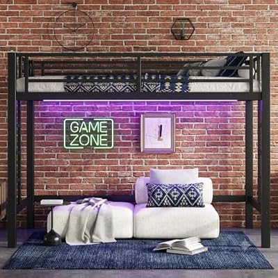 Bellemave Twin XL Size Metal Loft Bed, Loft Bed with Easy Climbing Ladder and Guardrails, Black