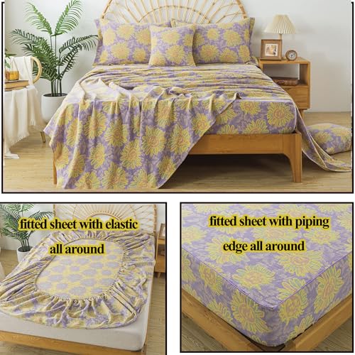 Image of FADFAY Sunflower Sheets Set Queen Vintage Yellow Purple Floral Bedding Shabby Farmhouse Bedding Super Soft Washed Double -Layer Muslin Sheets 100% Cotton Deep Pocket Fitted Sheet 4Pcs, Queen Size