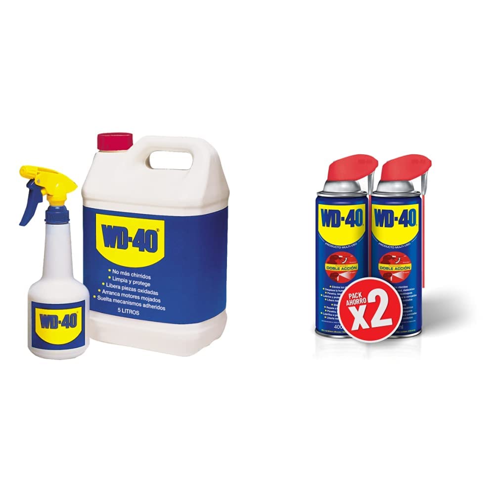 WD-40 Producto Multi-Uso- Garrafa 5L y pulverizador - Lubrica, Afloja, Protege del óxido, Dieléctrico, metales y plásticos & WD-40 Producto Multi-Uso Doble Acción- Spray 400ml-Pack x2 -Aplicación