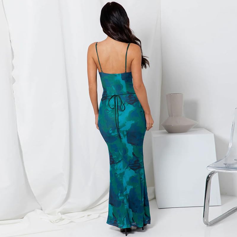 Image of ABINGOO Women Vintage Spaghetti Strap Maxi Dress Sexy Low Cut Backless Floral Satin Slip Long Dress Y2k Cami Bodycon Dresses