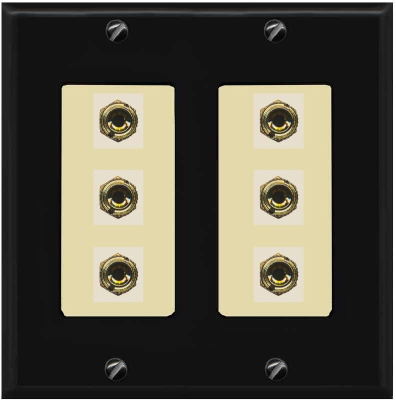 RiteAV 6 Banana 3 Speaker Surround Female Coupler Binding Post Wall Plate - 2 Gang [Light-Almond]