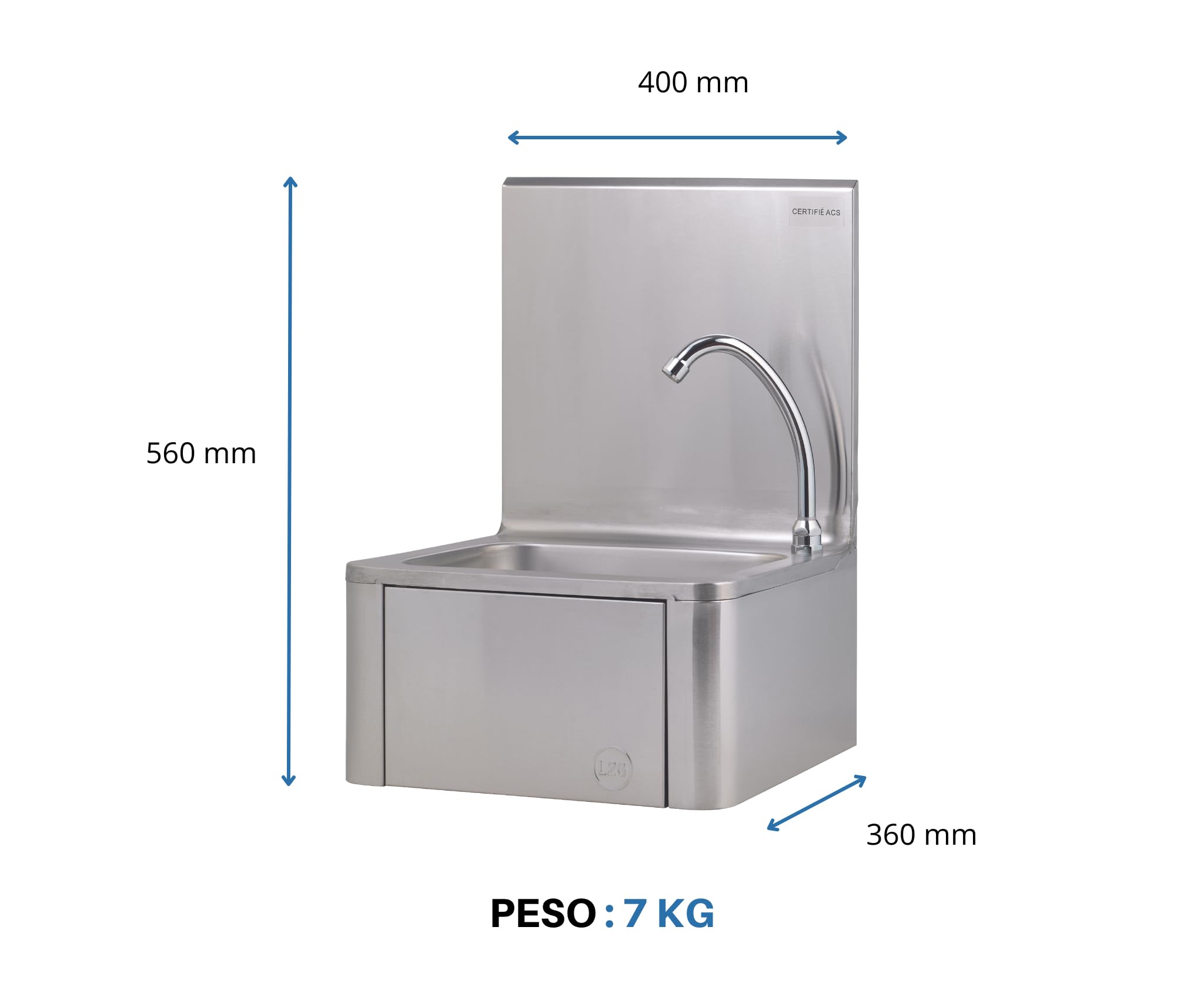 L2G - Lavamani da parete a ginocchio - Lavello piccolo in acciaio inox con miscelatore per acqua calda e fredda - Da parete - 40 x 34 x 56 cm