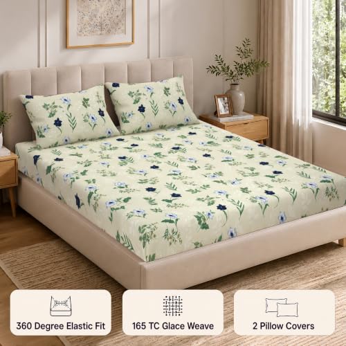 Image of Cloth Fusion Cotton Feel Elastic Fitted Bedsheet King Size, 2 Pillow Covers