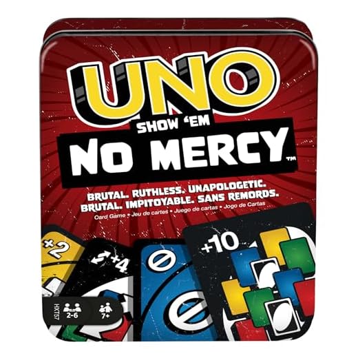 Mattel Games UNO No Mercy, Juego de Cartas con Cartas adicionales, Reglas Especiales y penalizaciones más despiadadas, Juego de Mesa Familiar, Juguete Regalo para niños y niñas +7 años, HXT57