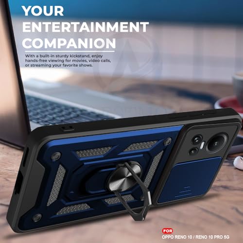 Image of AESTMO Oppo Reno 10 /10 Pro 5G Back Cover | Ring Holder & Sliding Camera Shield Cover | 360 Degree Protection Back Case Cover for Oppo Reno 10 /10 Pro 5G (Blue)