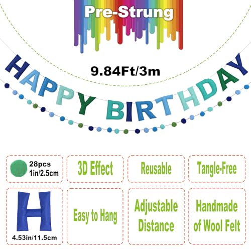 Image of 2 PCS Pre-Strung 3D Felt Happy Birthday Banner - Reusable Blue and Green Happy birthday Decorations Sign,Handmade Wool Felt Ball Garland, Pom Pom Garland, Party Decor, Photo Prop