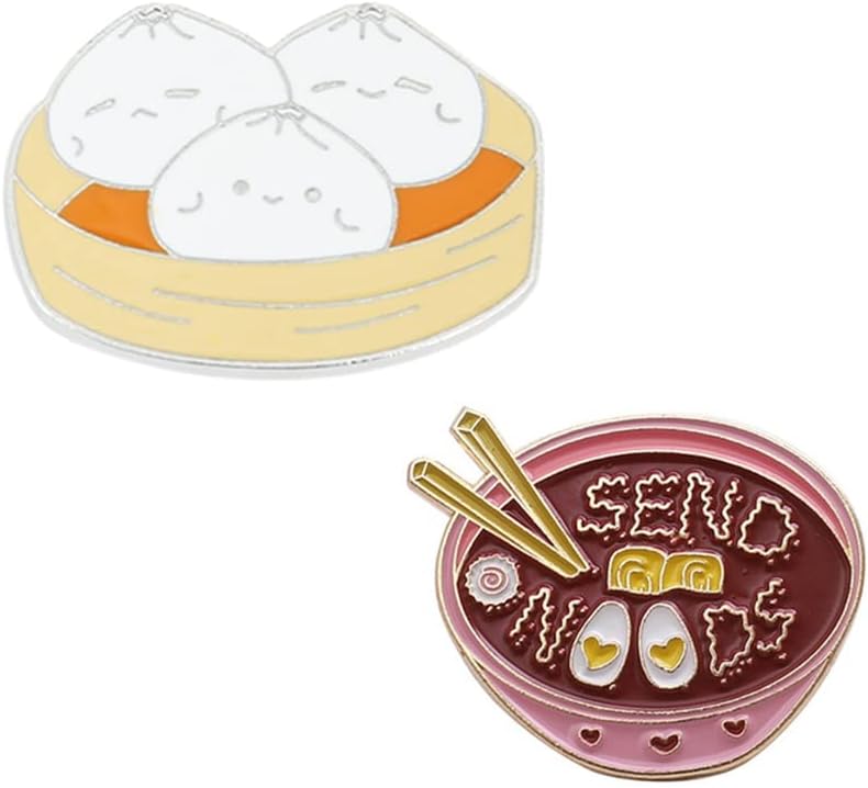 Acxico 2Pcs Enamel Pin Steamed Stuffed Bun Brooch and Creative Cartoon Food Brooch Pink Noodles Bowl Enamel Pin Clothes Accessories