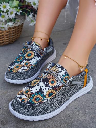 Unisex Casual Hey Loafers Canvas Sunflower Pattern Print Elastic Lace-up Comfortable & Light-Weight Slip-on Loafers Arch Support Walking Driving Basic Shoes for Women/Men/Adults/Teenagers,US Size 6-103