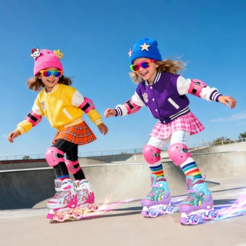 Image of Girls Roller Skates for Big Kids ages6-12 7 8 9 10, 4 Size Adjustable Rainbow Unicorn Quad Skates with All Light Up Wheels - Best Birthday Gift for Outdoor Sports
