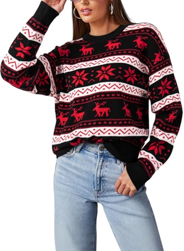 Dokotoo Womens Sweaters Fall Fashion 2024 Long Sleeve Crewneck Funny Christmas Pullover Sweaters Holiday Loose Fit Christmas Tree Knitted Sweater Tops Cute Xmas Deer Ladies Sweaters Red Black L