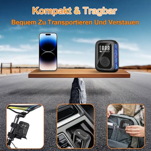 Dictien Elektrische Luftpumpe Fahrrad Akku 150 PSI & 6000 mAh Mini Kompressor Fahrrad Mit LCD-Display & Auto-Stopp